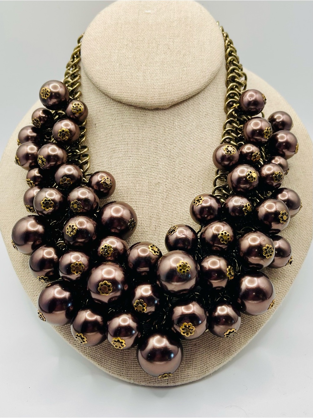Bodacious Chainmail Faux Metallic Pearl Cluster Bib Statement Necklace